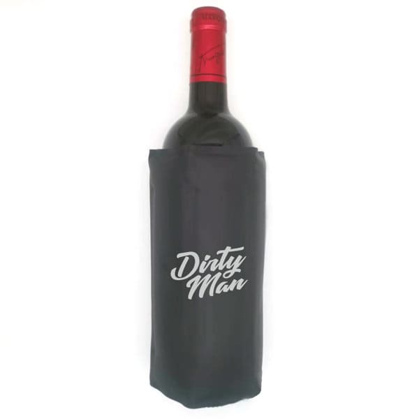 A drink bottle wrapped in a black cooler with a logo, featuring a red wine bottle. 6 Pads Wine Bottle Cooler Wrap - Image 1