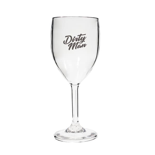 A plastic red wine glass in transparent design featuring a logo. Ideal for casual gatherings. 10 oz. AS Plasitc Red Wine Glass - Image 1