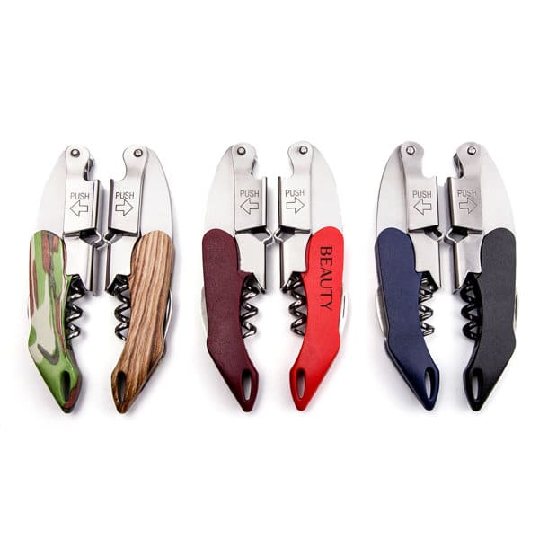 A stainless steel wine corkscrew in various colours: green, maroon, red, and navy, with ergonomic handles. Stainless Steel Wine Corkscrew - Image 1