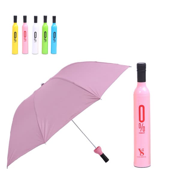 A drink bottle umbrella in pink with a variety of colourful bottle designs in the background. Contains a logo. Tri-Fold Wine Bottle Umbrella - Image 1