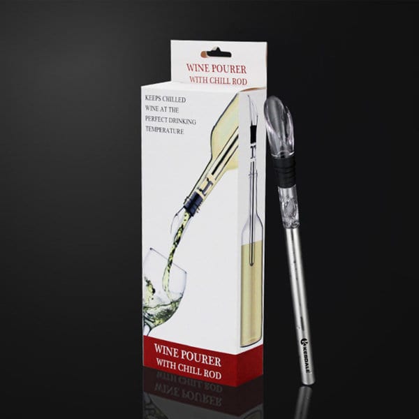 A wine pourer with a chill rod, featuring a silver design, displayed in an accompanying box. Wine Pourer With Chill Rod - Image 1