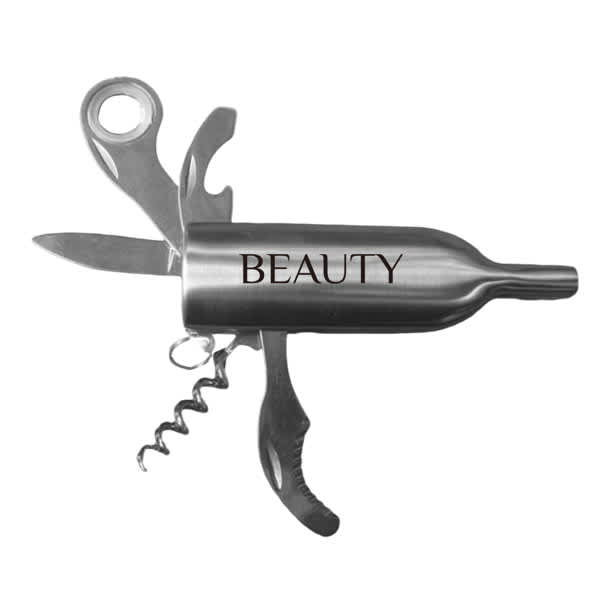 A drink bottle opener shaped like a wine bottle, featuring silver metal construction and a branding logo. Spirit Wine Bottle Shaped Opener - Image 1