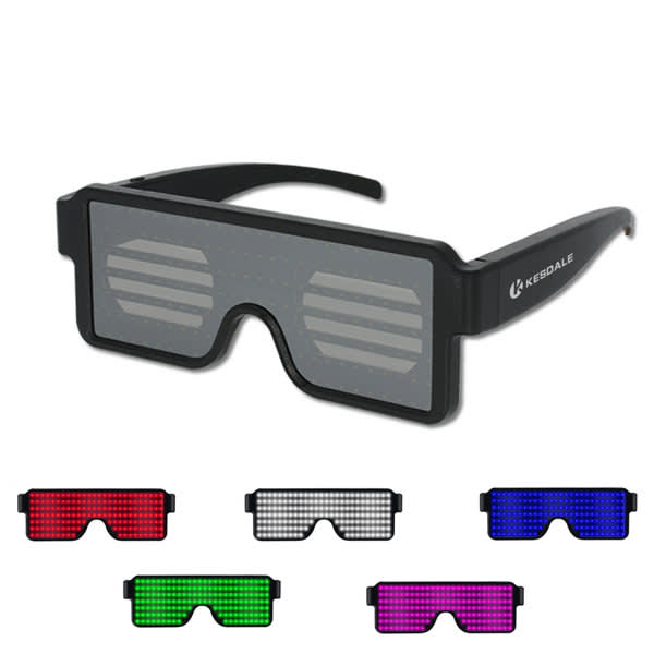 Dynamic LED glasses in black with six colour options: red, green, blue, purple, white, and pink. Features branded logo. Dynamic LED Glasses For Party - Image 1