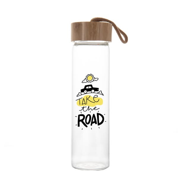 A drink bottle made of clear glass with a bamboo lid and a design featuring a vehicle and sun, attached with a rope. 22 oz. Glass Water Bottle With Bamboo Lid - Image 1