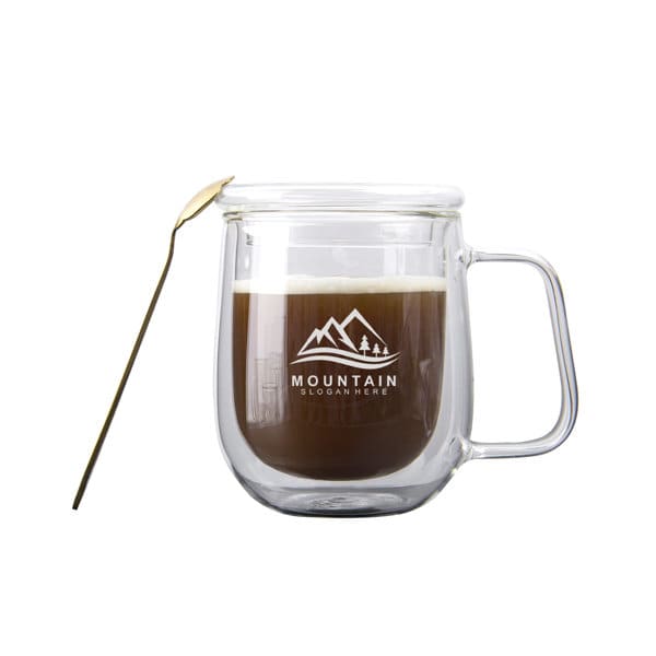 A glass mug with a lid, featuring a double-layer design and a handle, filled with coffee, alongside a spoon. 14 oz. Double-layer Glass Mug With Lid - Image 1