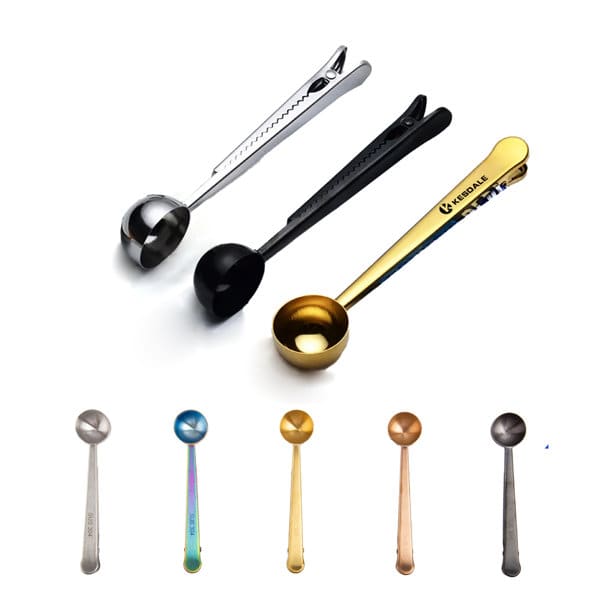 A set of stainless steel coffee spoons with clips in silver, black, gold, and other colours, featuring a sleek design. Stainless Steel Coffee Spoon With Clip - Image 1