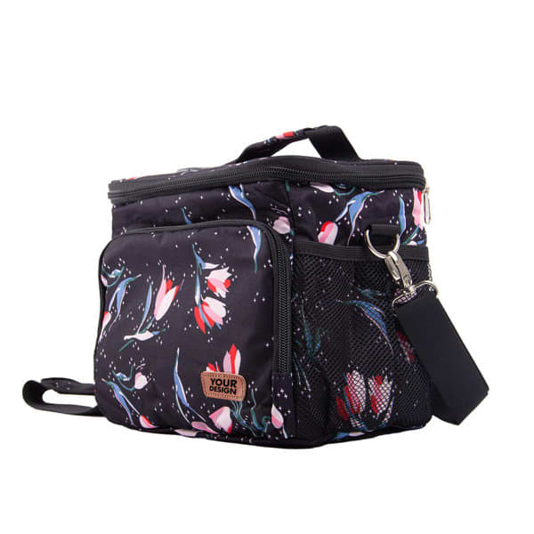 A large insulated lunch bag in black with a floral design, featuring a side pocket and a branding label. Large Capacity Insulated Lunch Bag - Image 1
