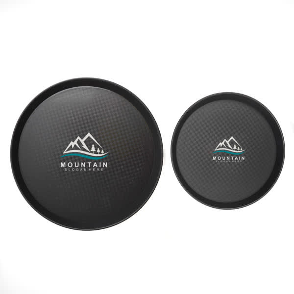 A black plastic fast food serving tray with a textured surface and mountain logo, available in two sizes. Plastic Fast Food Serving Tray - Image 1