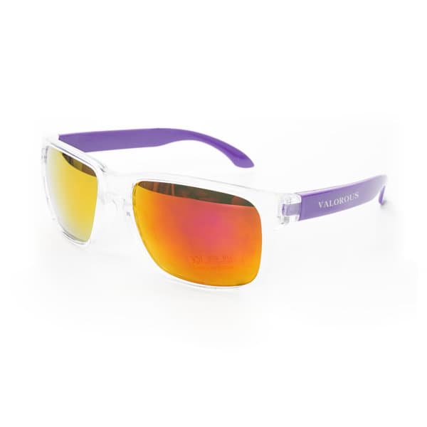 Crystalline mirrored sunglasses with clear frames and purple arms, featuring gradient orange lenses and a logo. Crystalline Mirrored Sunglasses - Image 1