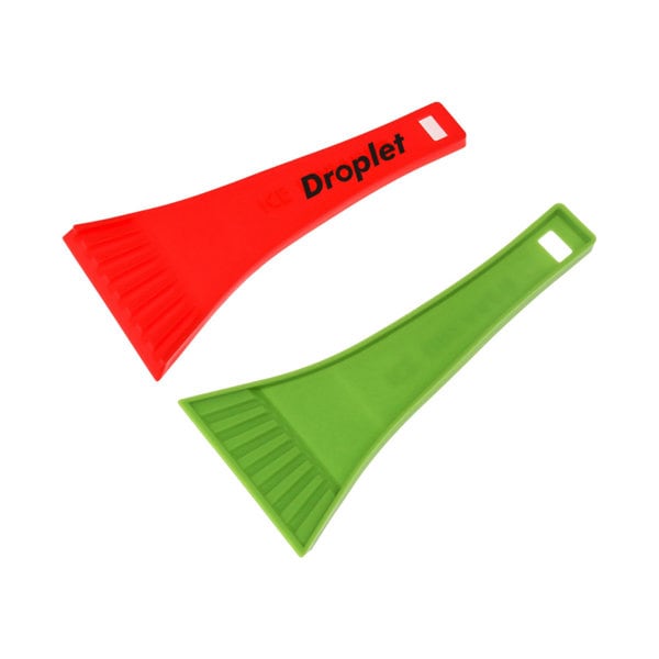 A red and green ice scraper with a textured edge and a handle, featuring a logo on one side. Promo Ice Scraper - Image 1