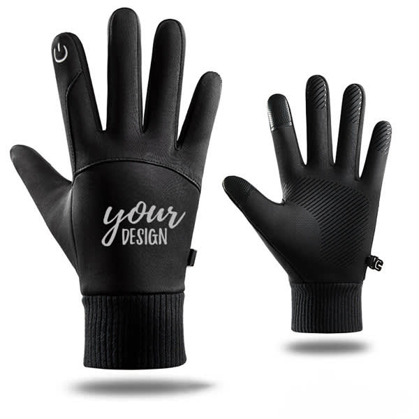 Touchscreen gloves for cycling in black, featuring a textured grip and a design area. Includes a logo on the wrist. Touchscreen Gloves For Cycling - Image 1