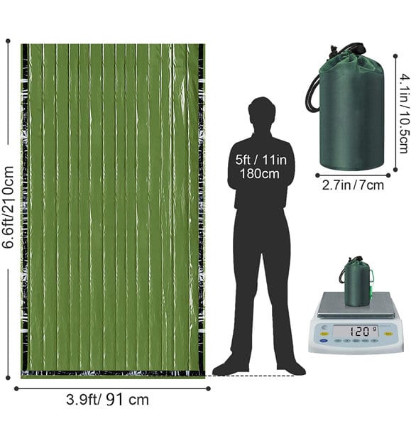 A portable emergency sleeping bag in green, alongside a compact dry bag and a measuring scale with dimensions. Portable Emergency Sleeping Bag - Image 1