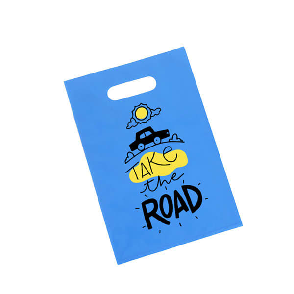 A blue die cut handle plastic bag featuring a design with a car, sun, and text illustration. Custom Die Cut Handle Plastic Bag - Image 1