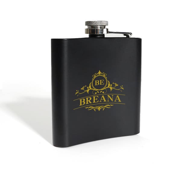 A black stainless steel hip flask with a silver screw top and a logo on the front. 6 oz. Black Stainless Steel Hip Flask - Image 1