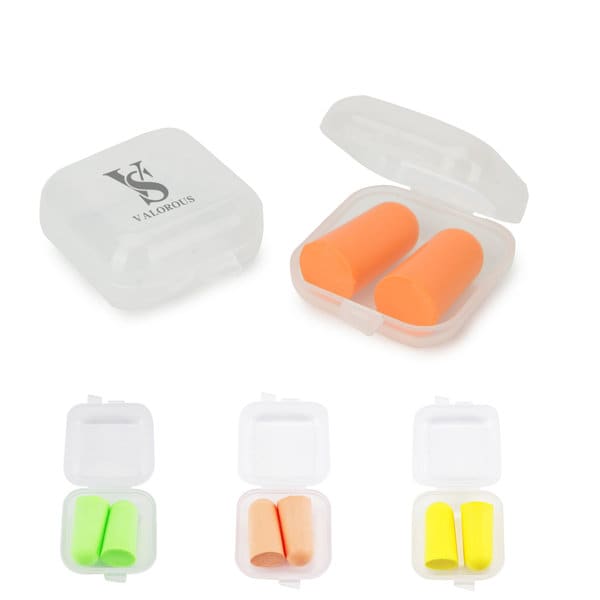 A plastic case containing two pairs of washable foam earplugs in orange and green, with one case featuring a logo. Washable Foam Earplugs - Image 1