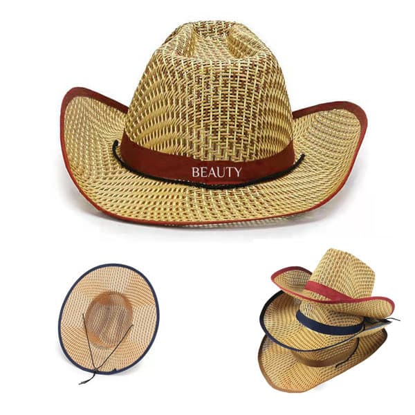 A straw cowboy hat in natural tones, featuring a red band, with additional hats stacked nearby. Cowboy Straw Sun Hat - Image 1