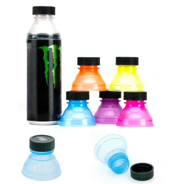 A drink bottle surrounded by multiple reusable soda can covers in blue, pink, purple, yellow, and orange, all with black caps. Reusable Clear Soda Can Cover - Image 1