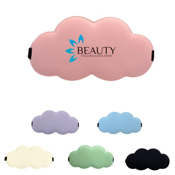 A cloud-shaped eye mask in pink, featuring a logo, accompanied by other colour options: lavender, blue, cream, green, and black. Cloud Shape Ice Silk Eye Mask - Image 1