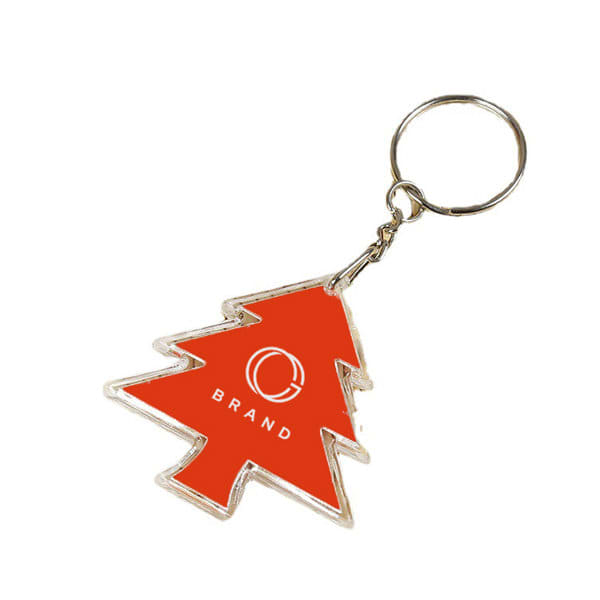A red Christmas tree keychain with a silver keyring and a logo. Custom Christmas Tree Keychain - Image 1