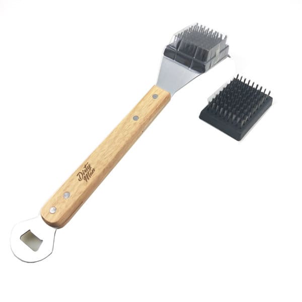 A BBQ aid grill brush and scraper with a wooden handle and black bristle head, featuring a bottle opener at the end. BBQ Aid Grill Brush And Scraper - Image 1