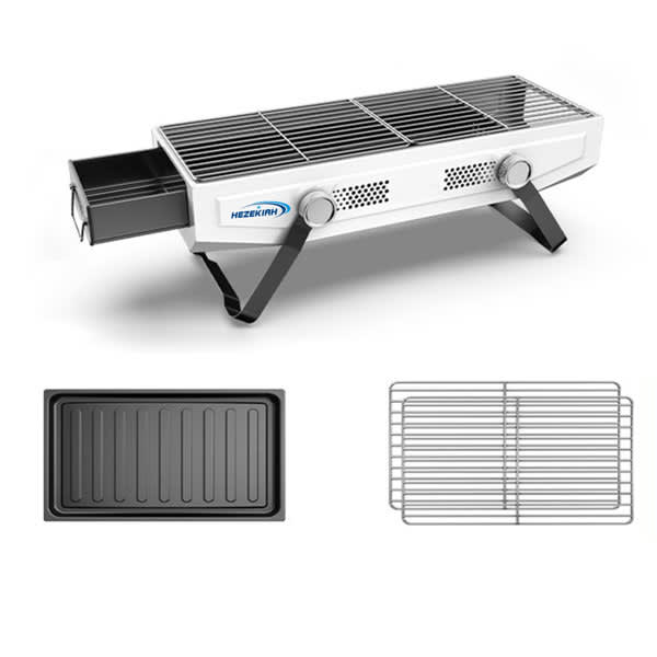 A multifunctional folding charcoal BBQ grill in silver with multiple grilling surfaces and a removable charcoal tray. Multifunctional Folding Charcoal BBQ Grill - Image 1