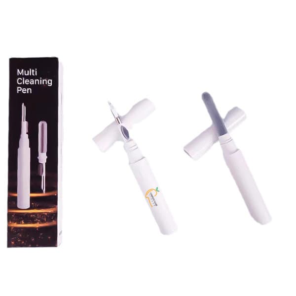 A white earbuds cleaning pen with a multi-use design next to its packaging, featuring a logo on the box. Earbuds Cleaning Pen - Image 1