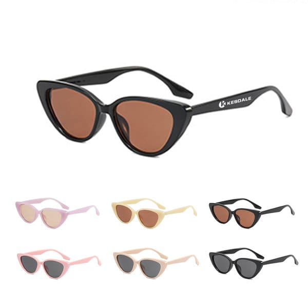 Triangular cat eye sunglasses in various colours including black, pink, cream, and grey, featuring a logo on the side. Triangular Cat Eye Sunglasses - Image 1