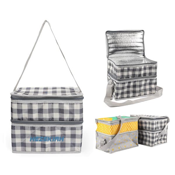 A grey and white checked thermal insulated lunch bag with dual compartments, featuring a shoulder strap and reflective interior. Dual Compartment Thermal Insulated Lunch Bag - Image 1