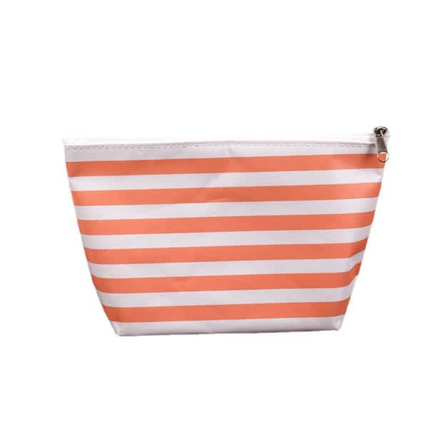 A striped makeup bag in white and orange with a zip closure and a logo. RPET Striped Makeup Bag - Image 1