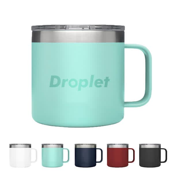 A drink mug in mint green with a stainless steel lid, featuring a handle and a logo. Available in multiple colours. 14 oz. Stainless Steel Insulated Coffee Mug With Lid - Image 1