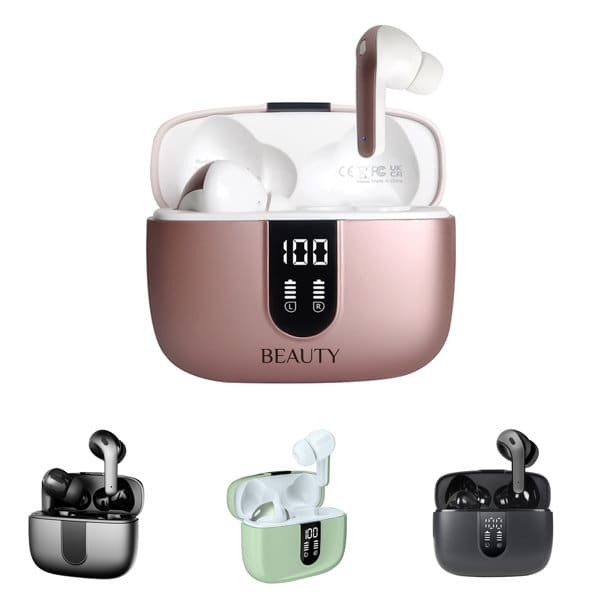 Wireless earphones in various colours, displayed in a charging case with an LED power display and branding. Wireless Earphones With LED Power Display - Image 1