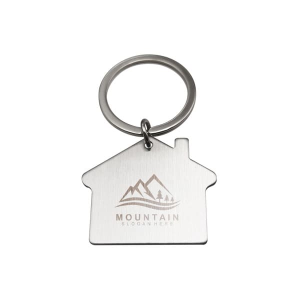 A stainless steel keychain shaped like a house, featuring a mounted logo and a silver ring. Stainless Steel House Shaped Keychain - Image 1