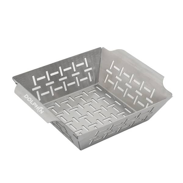 A stainless steel square grilling basket with a woven design and handles, ideal for outdoor BBQs. Stainless Steel Square Grilling Basket - Image 1