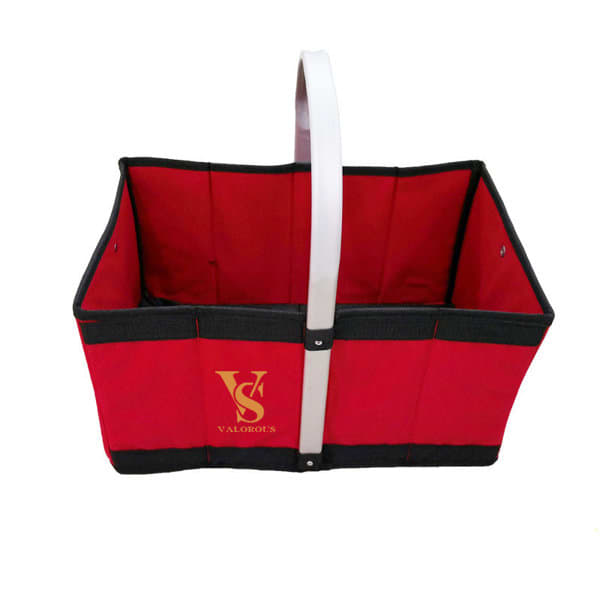 A red and black laundry basket with a wire frame and a white handle, featuring a logo on the side. Oxford Dirty Clothes Basket with Wire Frame - Image 1
