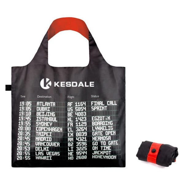 A foldable tote bag in black with red accents and a logo, displaying a flight schedule design. RPET Foldable Tote Bag - Image 1