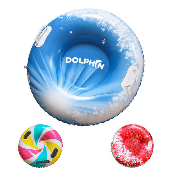 A blue PVC inflatable snow tube with a swirling design, featuring two additional colourful novelty tubes. PVC Inflatable Snow Tube - Image 1