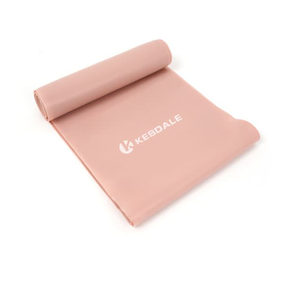 A rolled pink TPE yoga resistance band with a logo, suitable for leisure and outdoor activities. TPE Yoga Resistance Band - Image 1