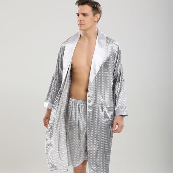 A men's silk robe in silver with a polka dot pattern, featuring a contrasting satin collar and long sleeves. Men's Silk Robe - Image 1