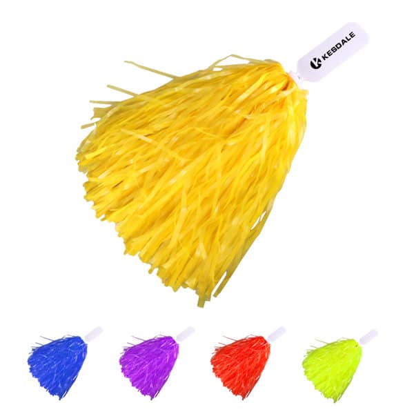 A handheld pom pom in bright yellow, with additional pom poms in purple, blue, and green below. Features a logo. Cheer Dance Handheld Pom Pom - Image 1