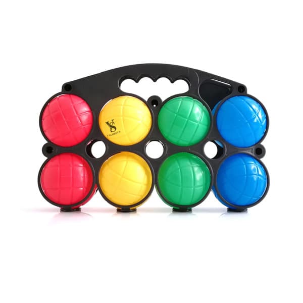 A set of boccia balls in red, yellow, green, and blue, housed in a black carrying case with a handle. Outdoor Active Boccia Set - Image 1