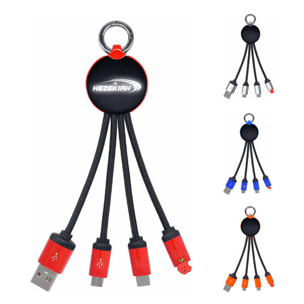A keychain luminous data cable in red, featuring multiple connector types and a circular black logo badge. 3 In1 Keychain Luminous Data Cable - Image 1