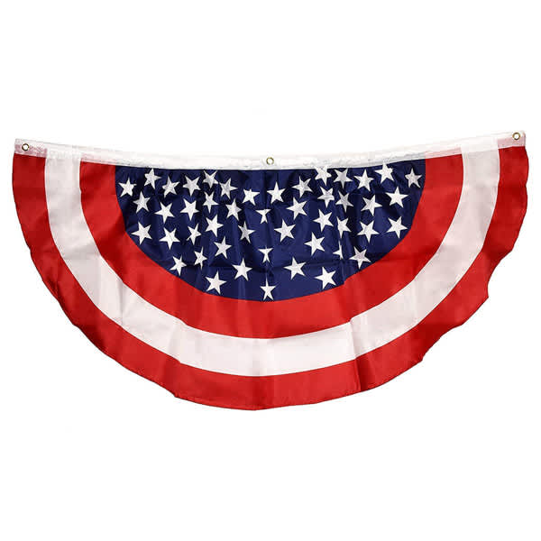 A polyester pleated fan flag featuring red, white, and blue colours with stars, designed for exhibitions and events. Polyester Pleated Fan Flag - Image 1