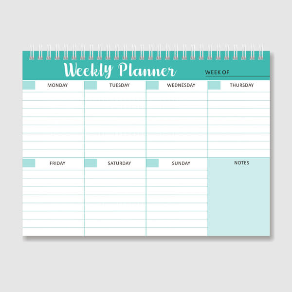 A weekly planner pad in teal and white, featuring spaces for each day and a notes section. It has a spiral binding. English Weekly Planner - Image 1