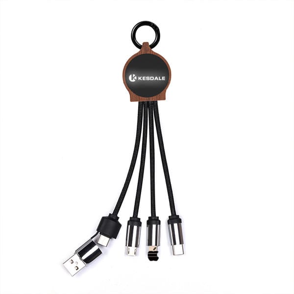 A black RPET 3 In 1 charging cable with multiple connectors, featuring a round logo holder. RPET 3 In 1 Charging Cable - Image 1