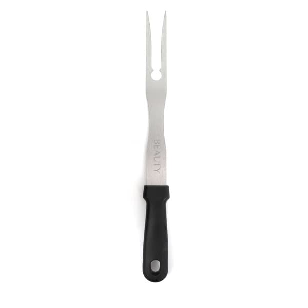 A stainless steel BBQ carving fork with a black plastic handle, featuring two prongs and a logo. Stainless Steel BBQ Carving Fork With Plastic Handle - Image 1