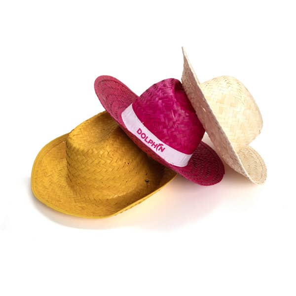 Three straw Panama hats in yellow, pink, and natural colours, featuring a logo on the pink hat. Women's Straw Wide Brim Panama Hat - Image 1