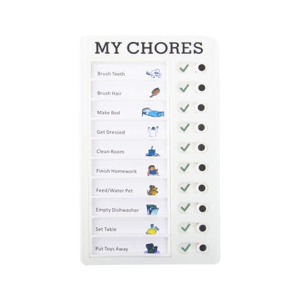 A white chore checklist board with sliding buttons, featuring various illustrated tasks and checkmark symbols. RV Checklist Memo Plastic Board With Sliding Button - Image 1