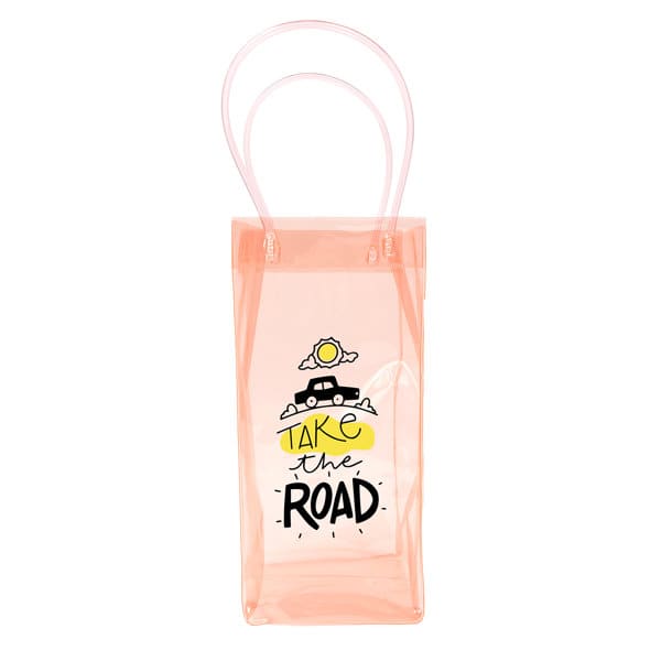 A clear pink wine tote bag featuring a design with a car, sun, and clouds. It has a handle for carrying. Custom Clear Wine Ice Tote Bag - Image 1