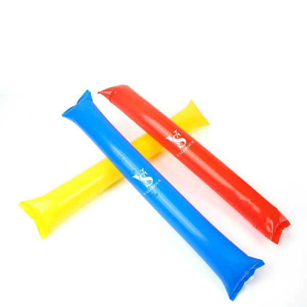 Three inflatable cheering sticks in blue, red, and yellow, featuring a logo on each stick. Luminous Inflatable Cheering Sticks - Image 1