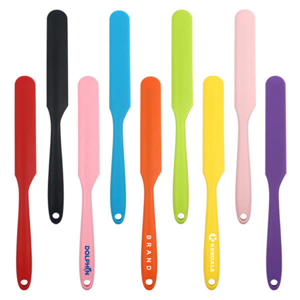 A collection of long handle silicone cream spatulas in various colours, including black, blue, green, orange, yellow, pink, and purple. Long Handle Silicone Cream Spatula - Image 1